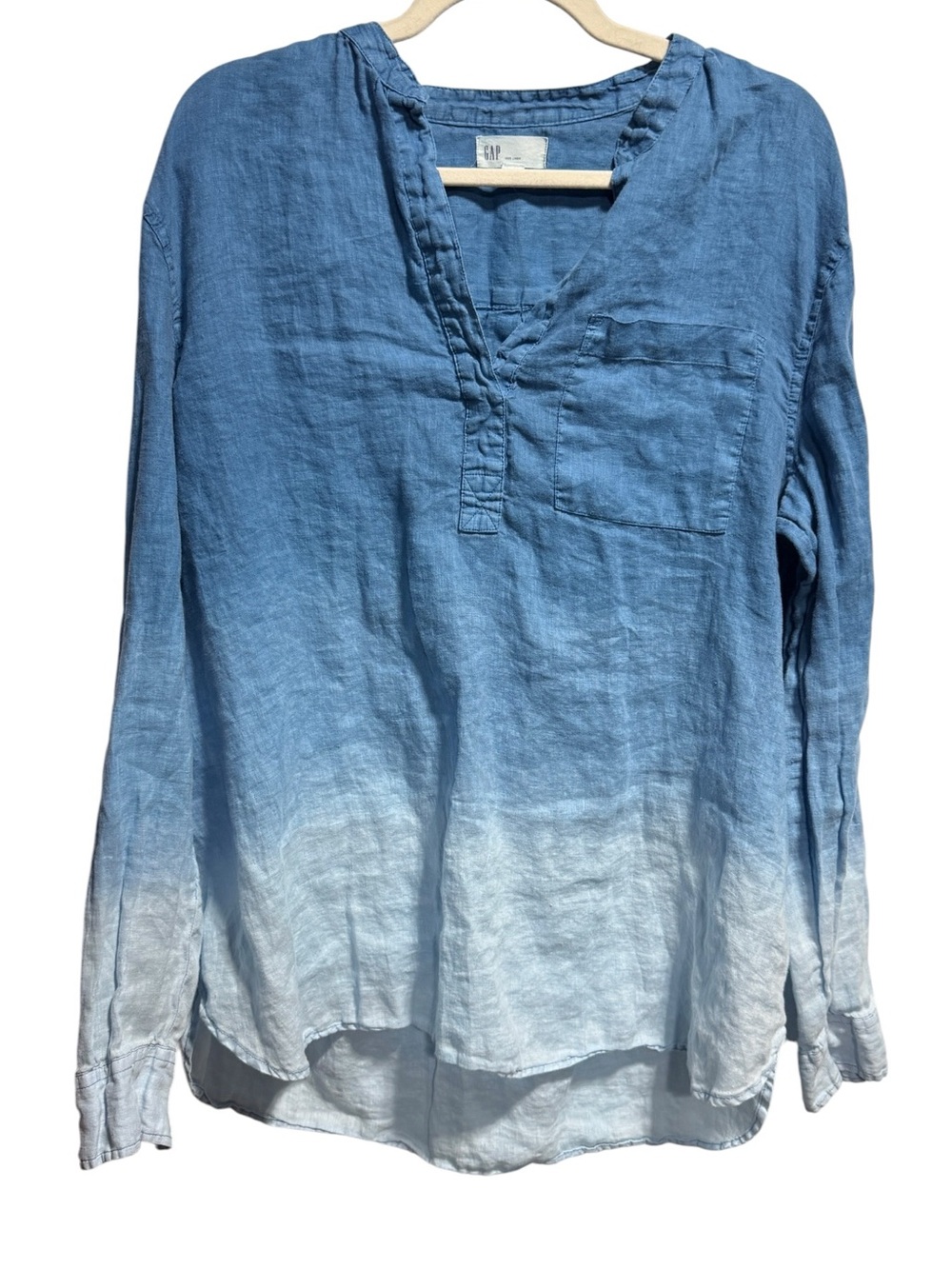 Gap Women Blue Ombre Dip Dye 100% Linen Top XL Tall Long Sleeve